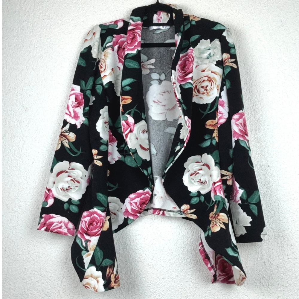 Black Floral Open Front Blazer - M - Rose Print Waterfall Wrap Boho Romantic